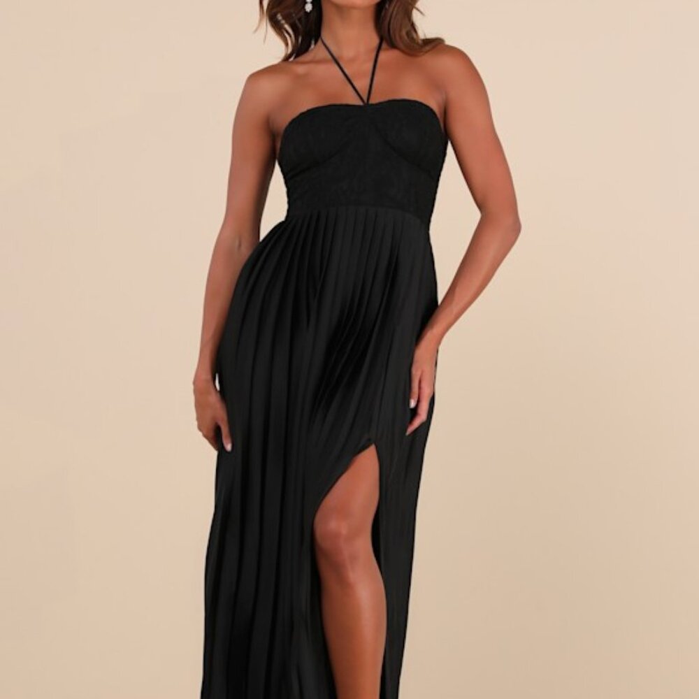 Lulus Certainly Poised Black Lace Halter Bustier Maxi Dress - Size M - Picture 1 of 1